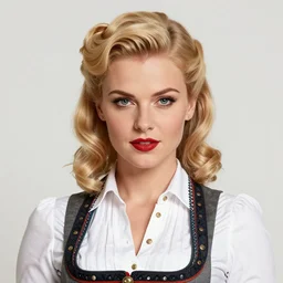 detailed - face!!! symmetrical!!!, looking at camera!!!, posing!! highly detailed german ww 2 pinup poster of beautiful blonde women wearing a dirndl, posing, the alps are in the background, in gta v, stephen bliss, unreal engine, fantasy art by greg rutkowski, loish, rhads, ferdinand knab, makoto shinkai