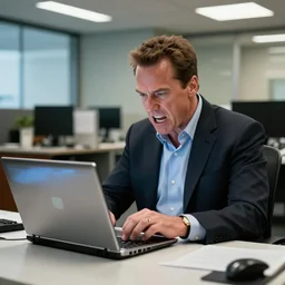 actor arnold schwarzenegger as conan the barbarian sitting at a desk, as an office worker, in an office, inside an office building, sitting at a desk, angrily shouting at a laptop, angry at laptop, laptop computer, computer trouble, technical difficulties, software error, crisp lighting, corporate photography