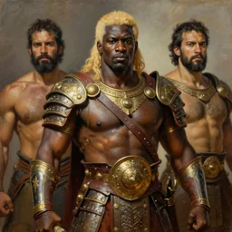 a powerful and muscular make african warrior , half body portrait, blond hair, ornate armour, realistic oil painting by Thomas Cole and Wayne Barlowe and Boris Valejo