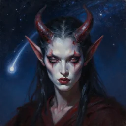 portrait of a demon fell from a starry sky like a meteor. hyperrealistic oil painting, 4k, studio lightning, very detailed faces