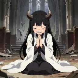 cute japanese girl with small horns, sharp and pointy vampire teeth, dressed in an old white coat, praying on the floor of a destroyed church, with her eyes and mouth closed and an evil smile, full body, detailed artwork by Yoji Shinkawa and Takehito Harada