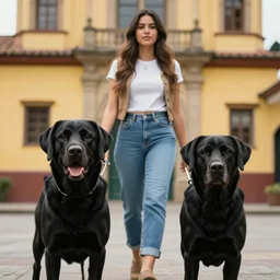 a close up of beautiful Estefania Villegas Burgos walking next to her labrador black dog in Bogota, symmetrical, detailed, 8K, octane render, 8K,