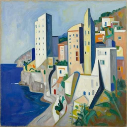 a painting of abstract buildings like amalfi coast by zaha hadid and yves tanguy and aaron horkey