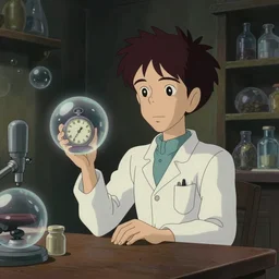 hyperrealist, studio ghibli dull colors pov interior portrait cartoon from close encounters of the third kind 1 9 7 7 of a skinny grey pocketwatch scientist alone in his laboratory bubble.