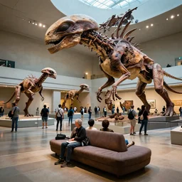 wide - shot photo of museum visitors looking at alien giant extinct creatures by shaun tan, at the sitting couch, codachrome, 8 k, hd, highly detailed,