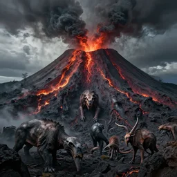 extinct animals inside a volcano, nightmare, hell, photograph, wild, highly detailed vfx, cinematic