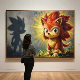 a woman standing in an art gallery admiring a painting of shadow the hedgehog