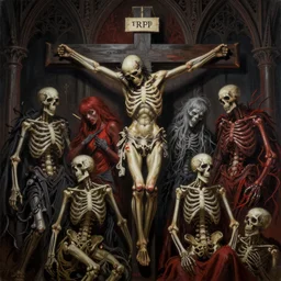 Scorn themed painting of skeletal undead crucifixion concept, intricate artwork by H.R. Giger, Johnatan Wayshak, Zdizslaw Beksinski, Ayami Kojima, Amano, Karol Bak, Moebius, and Mark Brooks, Neo-Gothic, gothic, rich deep colors, art by Takato Yamamoto, masterpiece, face by Artgerm, very coherent artwork, cinematic, hyper realism, high detail, octane render, unreal engine, 8k, High contrast, golden ratio, trending on cgsociety