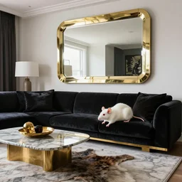 white rat with red eyes in mid century modern american life style living room interior by kelly wearstler, marble, black velvet, brass, mirror, glare, reflexes, animal skins, art, luxury, hyper realism, ultra detailed