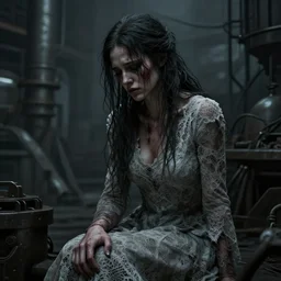 cinestill 5 0 d panorama of a woman by roversi, gritty, gloomy, pain, sad, intricate, elegant, sharp focus, artstation, dress in lace in a dystopian factory, pale brutal dark matte, sharp focus, illustration, octane render, unreal engine, art by roberto ferri greg rutkowski, epic fantasy, digital photo art