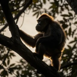 rim light around fur of an ape on a tree, silhoutte, dim light, golden hour, tree top, dslr award winning photo, nikon