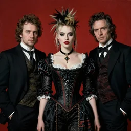 solomon Joseph Solomon and Richard Schmid and Jeremy Lipking victorian genre painting portrait painting of a young beautiful woman Margot Robbie punk rock goth with punk rock haircut in fantasy costume, red background