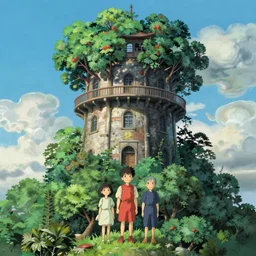a detailed matte painting of a tower with a lot of trees on top of it by hayao miyazaki and beeple, cgsociety, magical realism, anime aesthetic, anime