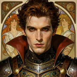 realistic detailed face portrait of a handsome vampire prince in ornate leather armor by alphonse mucha, ayami kojima, amano, greg hildebrandt, and mark brooks, male, masculine, art nouveau, neo - gothic, gothic