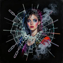 girl from fight club, digital collage, assemblage, photomontage, minimalist, contemporary art, punk art, photorealistic, portrait, expressionism, masterpiece, dynamic composition, spectacular quality, intricate oil details, shattered glass texture, neon, chains, smoke, solid black background, contrasted, harmonic colors