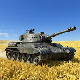 a high resolution very detailed image of russian tank final boss battle from nier : automata in yellow rye field under pure blue skies