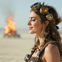 a 2 4 mm lens ultra high resolution photo of a beautiful young woman wearing steampunk costume on burning man. right side profile photo. her eyes are closed and she is smiling. face has very clear features. digital art.