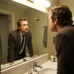 ultra wide angle photo of jeff goldbloom dressed as seth brundle is looking at himself in a bathroom mirror and seeing his reflection as the fly, a mutated insect version of jeff goldbloom
