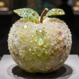 fruits made of expensive gems, shimmer, natural light, crystallized, hd, high quality, photograph, on display