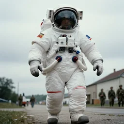 extreme low angle long shot, white extremelyoversized giant chubby american astronaut in spacesut with oversized helmet walking in legnica, in the background are tiny soldiers, movie still, bokeh, canon 5 0 mm, cinematic lighting, dramatic, film, photography, depth of field, award - winning, overcast, 8 k, 3 5 mm film grain