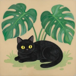 illustration of a black cat resting between monsteras by shusei nagaoka kaws, david rudnick, airbrush on canvas, pastell colors, cell shaded
