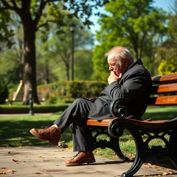 photo of sad danny devito sitting on a park bench crying, 8 k, sunny day