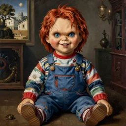 michal karcz surrealism painting of chucky. , horror theme, detailed, elegant, intricate, 4k, Renaissance painting