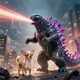 godzilla as a chihuahua in a Godzilla: King of the Monsters still film directed by Christopher Nolan, shooting  hyper beams from its mouth and toppling over cities, epic action scene