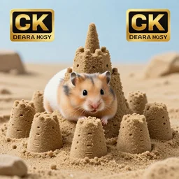 Photo of a hamster making a giant sandcastle, highly-detailed 4K award-winning