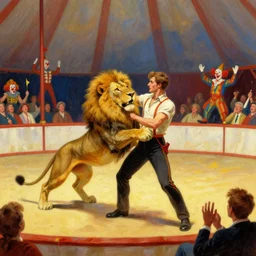 attractive man taming a lion in the center ring of a three ring circus, the crowd looks on in excitement, clown in the background, bright colors, painting by gaston bussiere, craig mullins, j. c. leyendecker