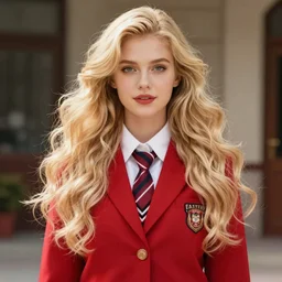 blonde woman with long, voluminous hair, wearing a red school uniform, by jon foster.