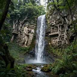 carved into the Rock a citadel-temple above a waterfall , gnarly trees, lush vegetation, forrest,  a small stream runs beneath the waterfall, landscape, raphael lacoste, eddie mendoza, alex ross, concept art, matte painting, highly detailed, rule of thirds, dynamic lighting, cinematic, detailed, denoised, centerd