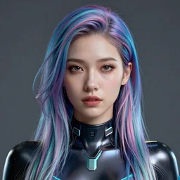 full portrait of a beautiful female with thin lustrous vibrant electric Cyberpunk hair wearing  a bodysuit , reflections, focus, detailed, realistic eyes, symmetric body features proportions, golden ratio, intricate facial skin details, award winning, trending in cgsociety artstation deviant art, octane render, by boris Vallejo and Tom Bagshaw and Beeple