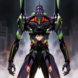anime illustration of black evangelion eva - 0 1 standing menacingly behind ikari shinji who is wearing a black plugsuit, cinematic lighting, evangelion anime poster, rebuild of evangelion 1 0 8 0 p, 9 0 s anime aesthetic, volumetric lights, rule of thirds, unreal engine render, pinterest wallpaper, trending on artstation