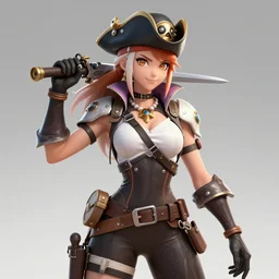 highly detailed, digital art, pixiv fanbox, trending on artstation, ray tracing, volumetric lighting, sharp focus, hq, overwatch style rogue pirate female character, short messy black hair with bangs and violet eyes, front and back view, design sheet, arcane, by artgerm, wlop, greg rutkowski, miyazaki hayao