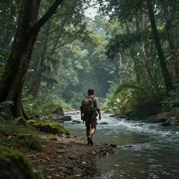 an adventurer walking along the river bank in a kerala forest, an epic fantasy, dramatic lighting, cinematic, extremely high detail, photorealistic, cinematic lighting, matte painting, artstation, by Christopher Nolan, horizon forbidden west