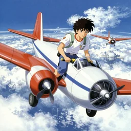 a poster of a man riding a plane in the air, poster art by otomo katsuhiro, pixiv, retrofuturism, official art, reimagined by industrial light and magic, poster art