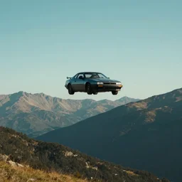 a flying car, mountains in background, summer, clear skt, cinematic light