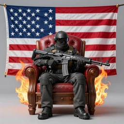 kitting holding ar-15 sitting on throne of guns, american flag behind, burning