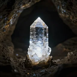 a glowing crystal is sitting inside a dark cave, clear focus, bokeh effect, high res, hasselblad, professional, cinematic
