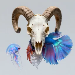 witch phoenix macro close - up portrait with crown made of ram skull. phoenix, betta fish, jellyfish, bioluminiscent, plasma, ice, water, wind, creature, super intricate ornaments artwork by tooth wu and wlop and beeple and greg rutkowski