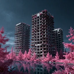 a beautiful photorealistic render of unfinished building industrial architecture multi - family architecture nature urbex abandoned building by wolf d. prix, matte painting evil at night tokyo saturn nature galactic infrared lake retrowave gem otherworldly postcyberpunk forest rainforest vaporwave alien, archdaily, wallpaper, highly detailed, trending on artstation.