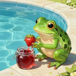 a frog eating strawberry jam next to a swimming pool, highly detailed, digital painting, sharp focus, fantasy art
