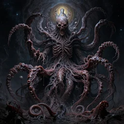 a horrifying mass of amorphous tentacles in the abyss of deep space, photorealistic, detailed photography, divinity, awful, cosmic horror, religious art