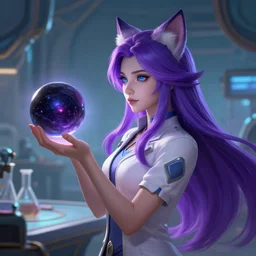 league of legends concept art beautiful young female scientist with neko ears holding spherical black hole in her hand, long purple hair, blue eyes, futuristic laboratory background interior, table with laboratory equipment, art by charles liu, profile shot, fantasy style, soft lighting, vibrant color scheme, female portrait, ultra detailed, volumetric lighting, octane render, commission art, 8 k wallpaper