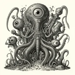 complex alien technology in the form of a strange creature, with multiple eyes, tentacles and strange appendages by william steig and erich heckel