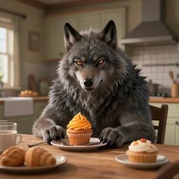 cute handsome cuddly burly surly relaxed calm timid werewolf from van helsing holding a delicious cupcake with orange frosting sitting down at the breakfast table in the kitchen of a normal suburban home unreal engine hyperreallistic render 8k character concept art masterpiece screenshot from the video game the Elder Scrolls V: Skyrim