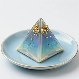 pyramid with iridescent glaze, gold and diamond sprinkles on a blue iridescent plate, 8K