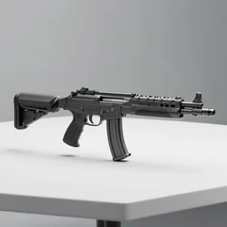 minimalist submachine gun, on a white table, studio lighting, 3d render, octane render, photorealistic, highly detailed, intricate detail, trending on artstation