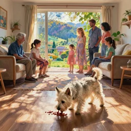 a westie dog throwing up on the floor of a living room while a family watches by monet